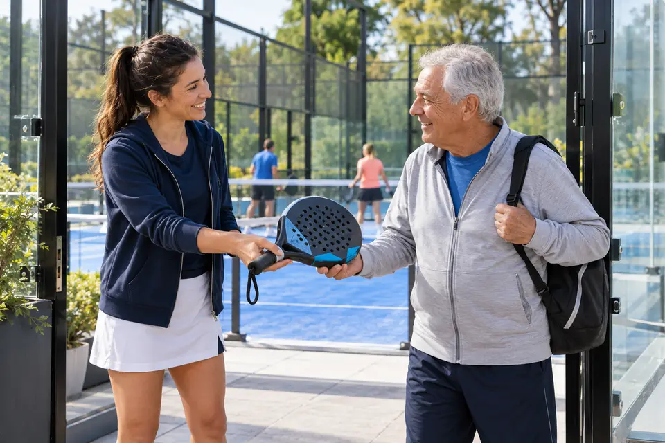 志愿者欢迎初学者参加板式网球比赛的说明性场景
